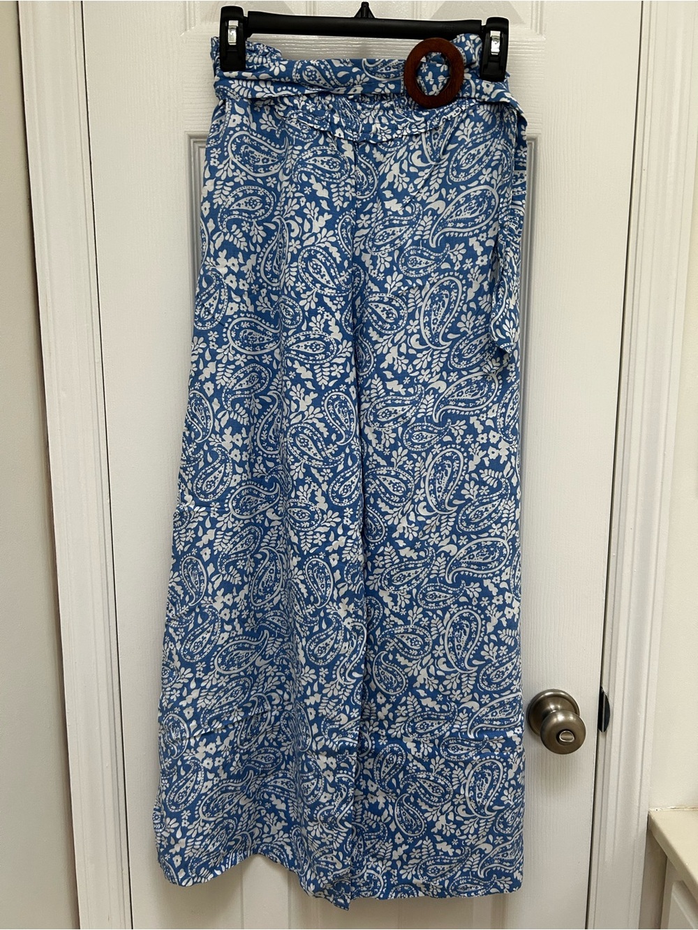Patrons of Peace Blue and White Paisley Wide-Leg Pants with Belt